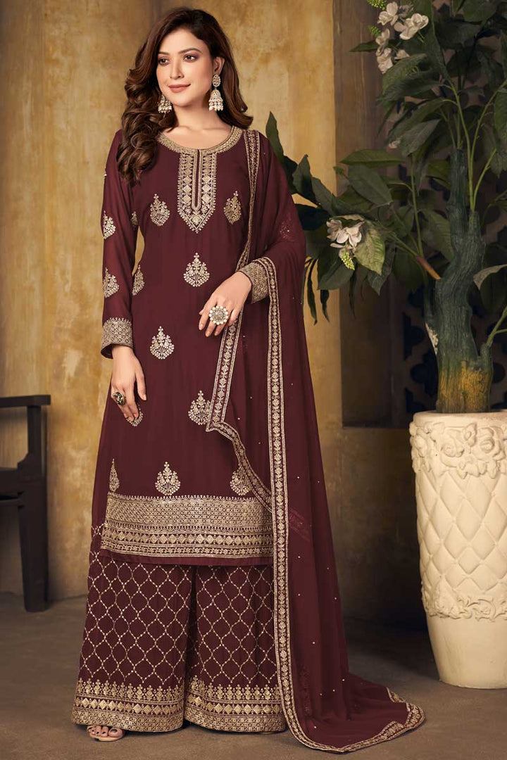 Beautiful Maroon Color Georgette Fabric Function Wear Palazzo Suit With Embroidered Work