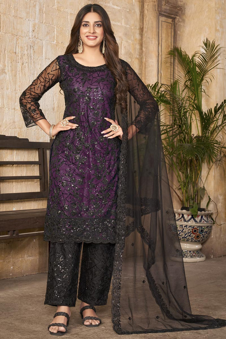 Soothing Net Fabric Embroidered Salwar Suit In Purple Color