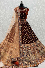 Load image into Gallery viewer, Velvet Fabric Wedding Wear Thread Embroidered Work Precious Bridal Lehenga Choli In Brown Color
