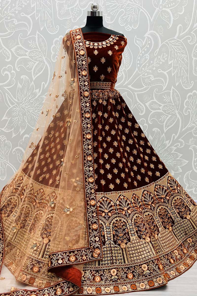 Velvet Fabric Wedding Wear Thread Embroidered Work Precious Bridal Lehenga Choli In Brown Color