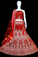 Load image into Gallery viewer, Embroidered Work On Red Color Wedding Wear Velvet Fabric Ingenious Bridal Lehenga
