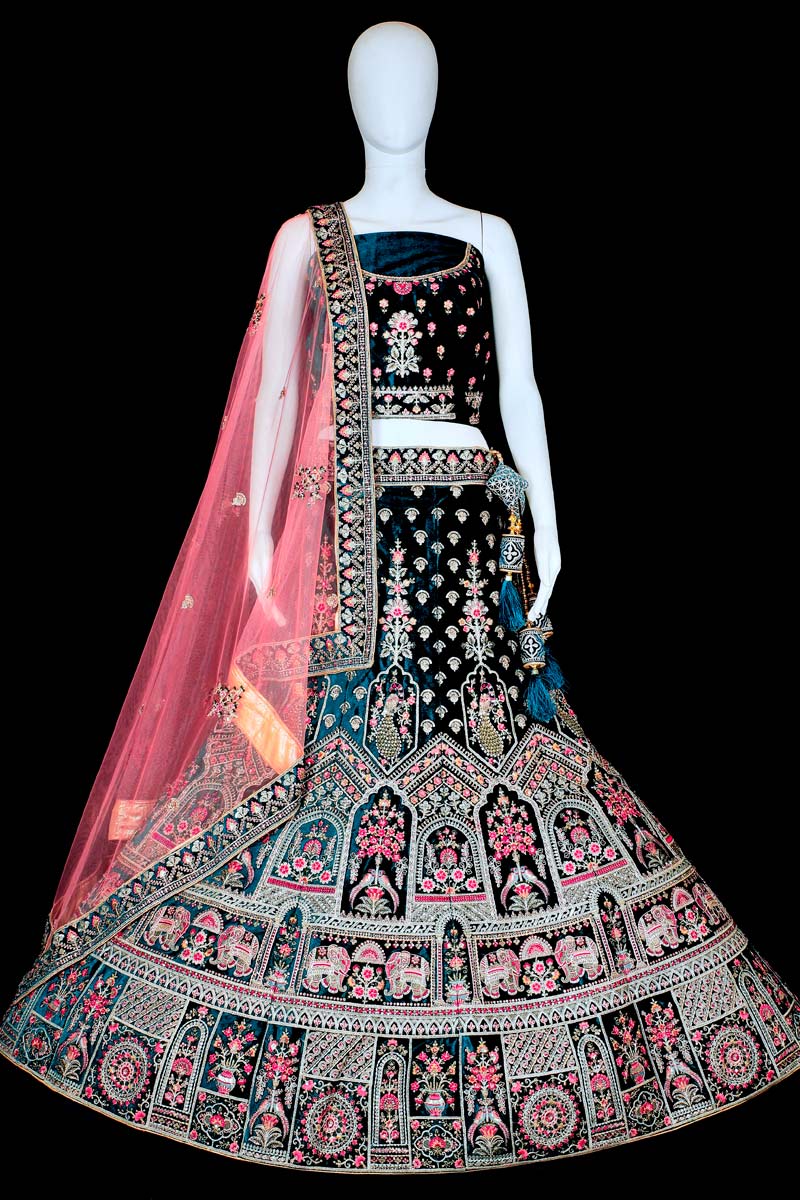 Wedding Wear Velvet Fabric Teal Color Tempting Embroidered Work Bridal Lehenga