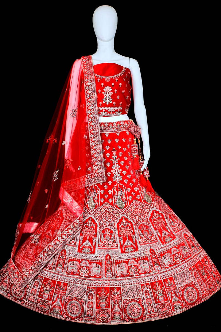 Captivating Wedding Wear Velvet Fabric Red Color Embroidered Bridal Lehenga
