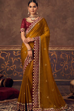 Load image into Gallery viewer, Function Wear Chinon Fabric Mustard Color Brilliant Embroidered Saree
