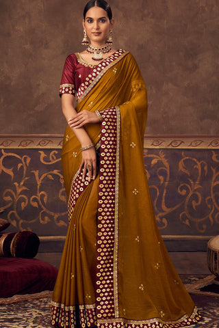 Function Wear Chinon Fabric Mustard Color Brilliant Embroidered Saree