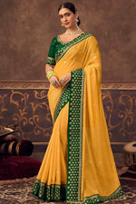 Load image into Gallery viewer, Yellow Color Chinon Fabric Function Wear Embroidered Tempting Saree
