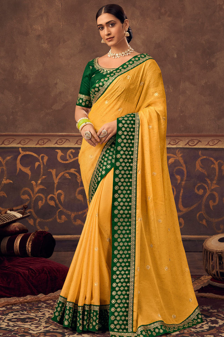 Yellow Color Chinon Fabric Function Wear Embroidered Tempting Saree