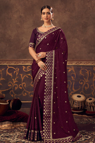 Purple Color Function Wear Embroidered Stunning Saree In Chinon Fabric