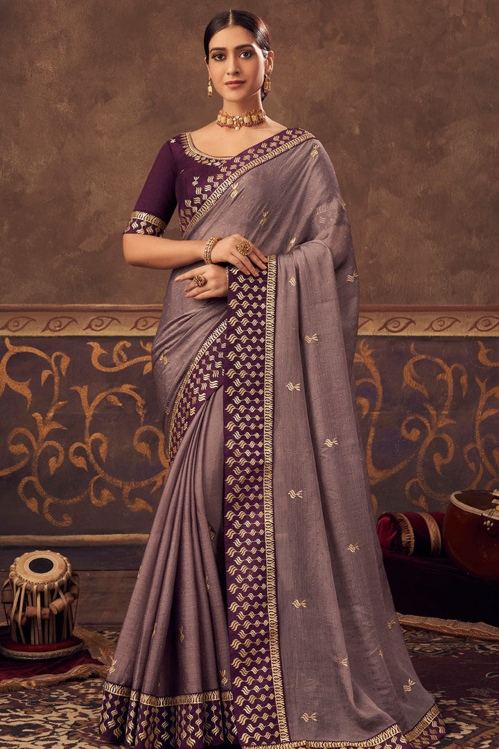 Awesome Function Wear Chinon Fabric Lavender Color Embroidered Saree