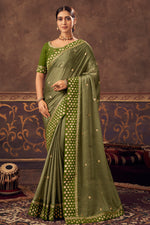 Load image into Gallery viewer, Chinon Fabric Function Wear Embroidered Engaging Saree In Sea Green Color
