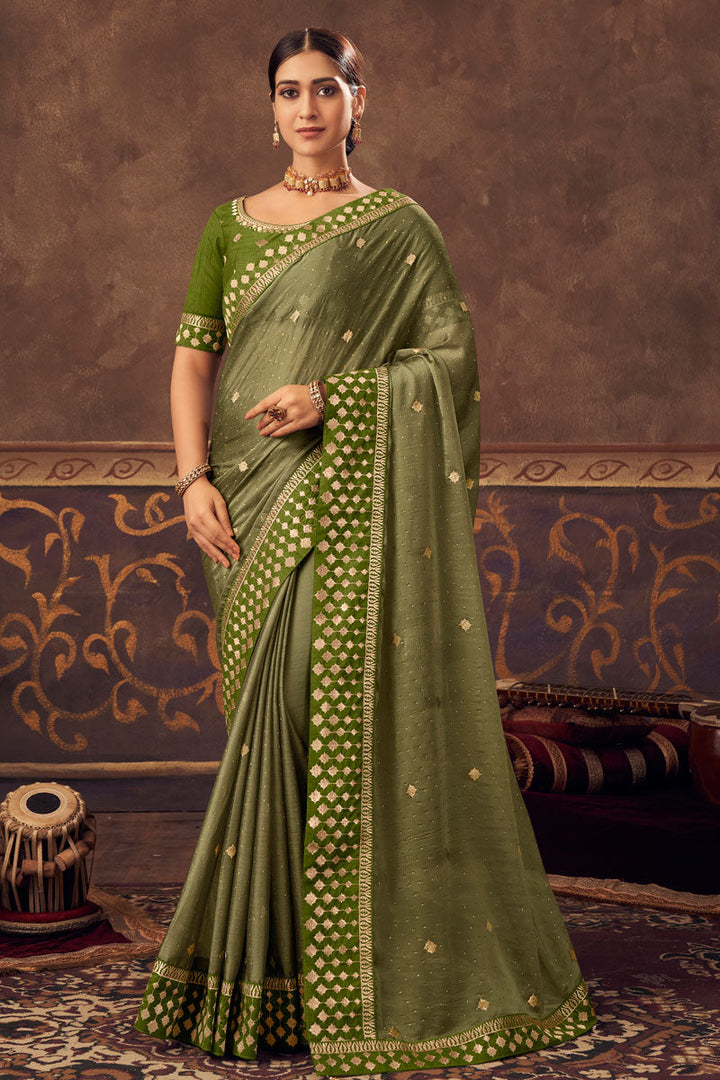 Chinon Fabric Function Wear Embroidered Engaging Saree In Sea Green Color