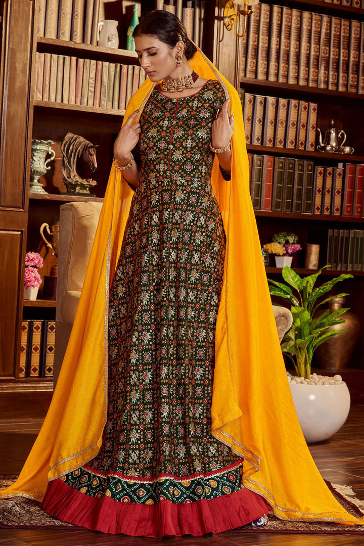 Green Color Cotton Fabric Printed Designs Soothing Anarkali Suit
