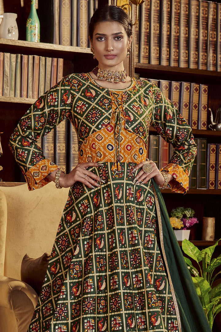 Cotton Fabric Green Color Trendy Anarkali Suit With Printed Work