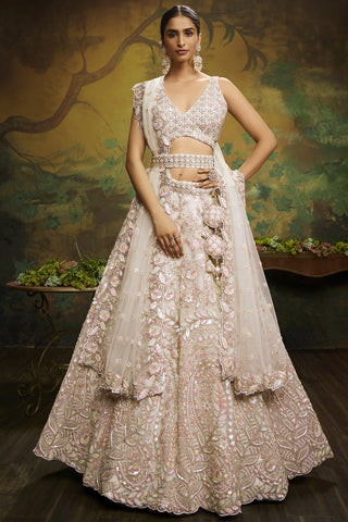 Awesome Embroidered Work On Net Fabric Cream Color Wedding Wear Lehenga Choli