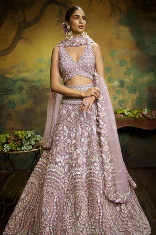 Net Fabric Embroidered Wedding Wear Designer Lehenga Choli In Lavender Color