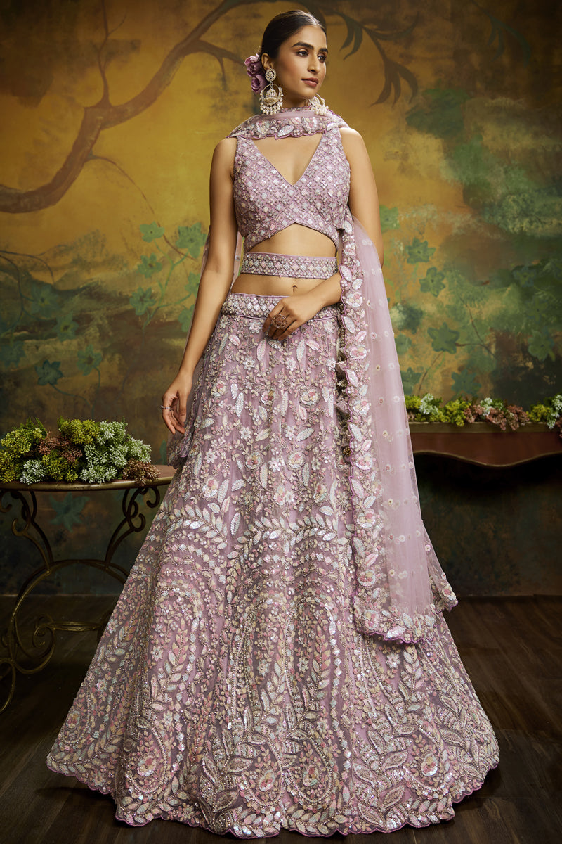 Net Fabric Embroidered Wedding Wear Designer Lehenga Choli In Lavender Color