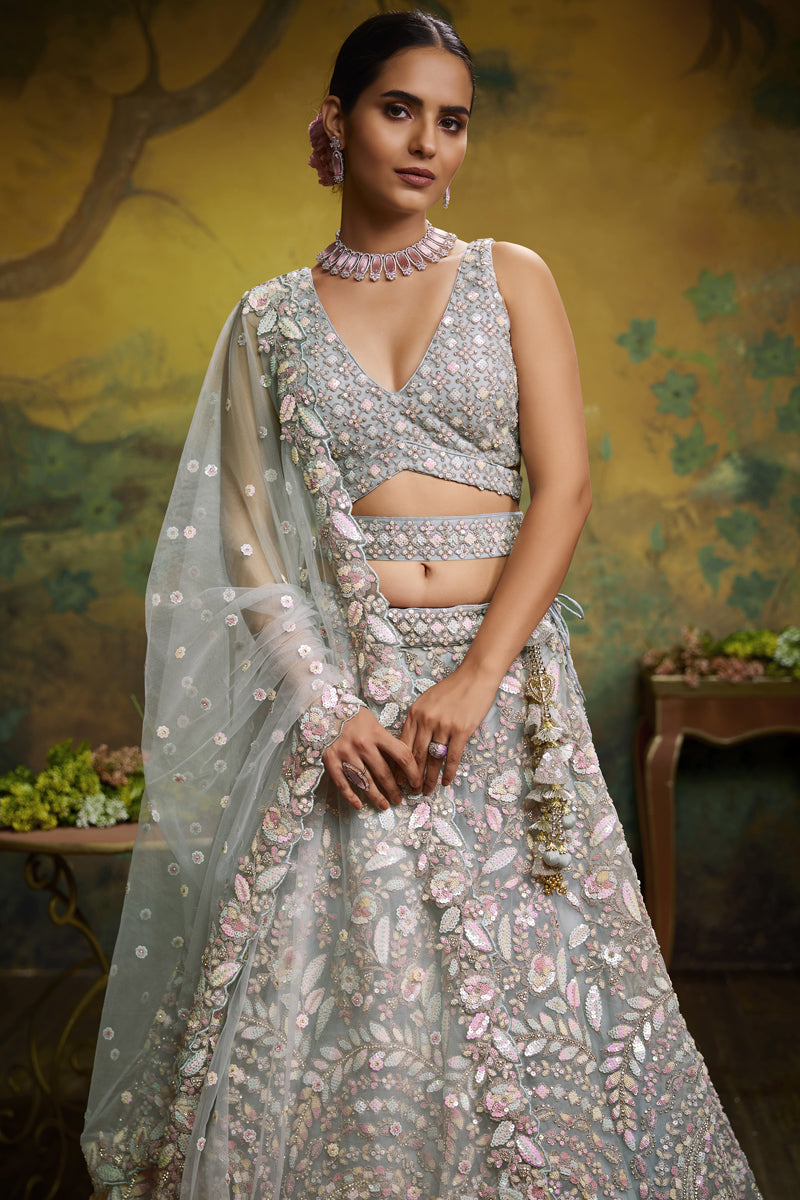 Sea Green Color Embroidered Work On Net Fabric Beatific Wedding Wear Lehenga Choli