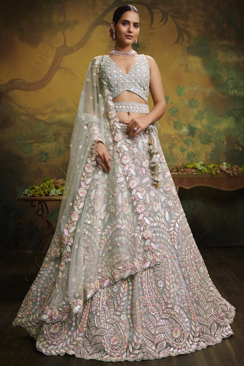 Sea Green Color Embroidered Work On Net Fabric Beatific Wedding Wear Lehenga Choli