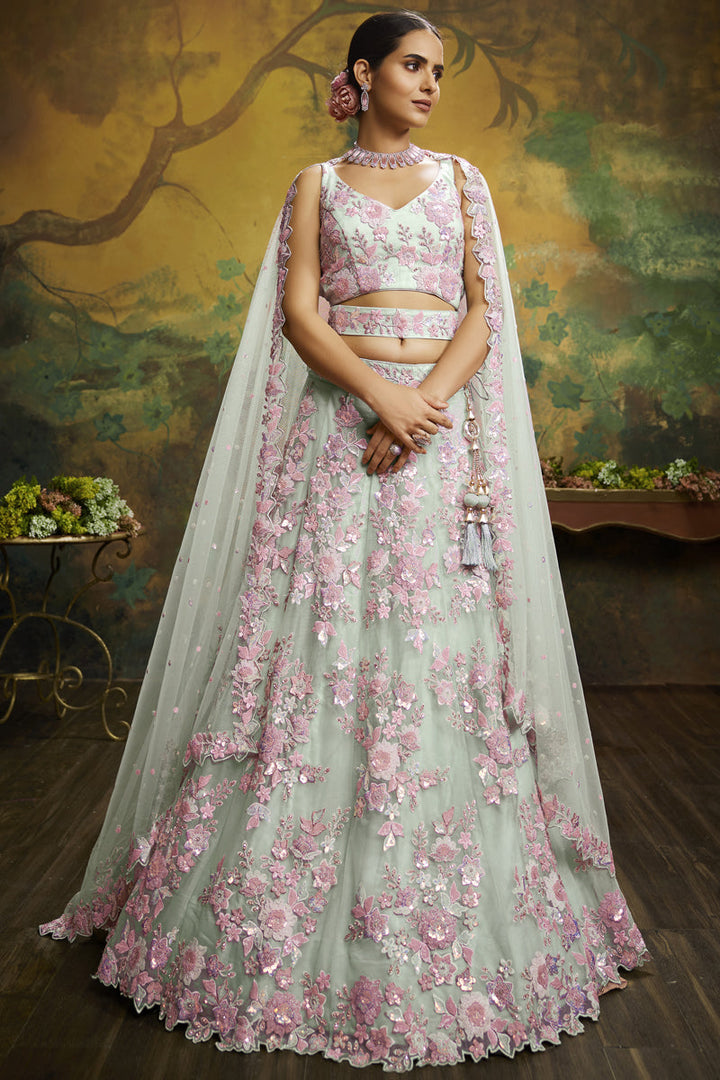Excellent Net Fabric Sea Green Color Wedding Wear Lehenga Choli With Embroidered Work