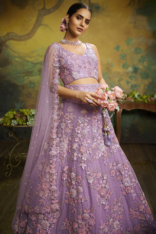 Engaging Lavender Color Net Fabric Embroidered Work Wedding Wear Lehenga Choli