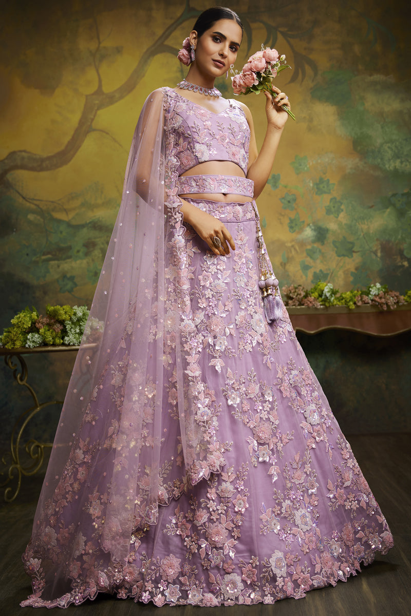 Engaging Lavender Color Net Fabric Embroidered Work Wedding Wear Lehenga Choli