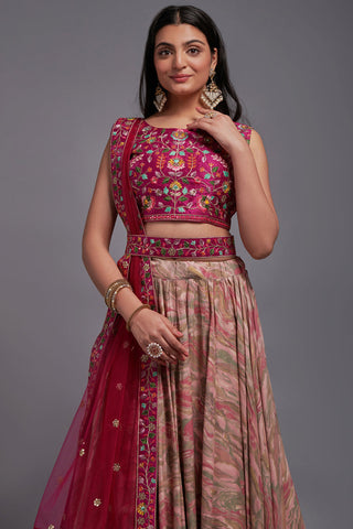 Pink Color Embroidered Work On Art Silk Fabric Beatific Wedding Wear Lehenga Choli