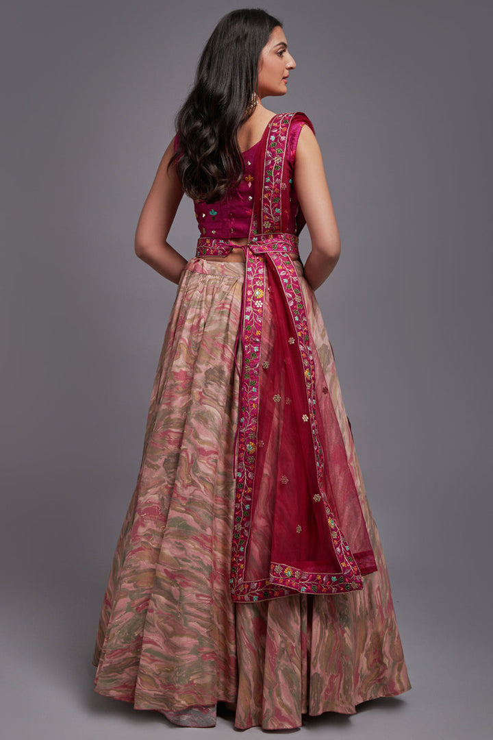 Pink Color Embroidered Work On Art Silk Fabric Beatific Wedding Wear Lehenga Choli