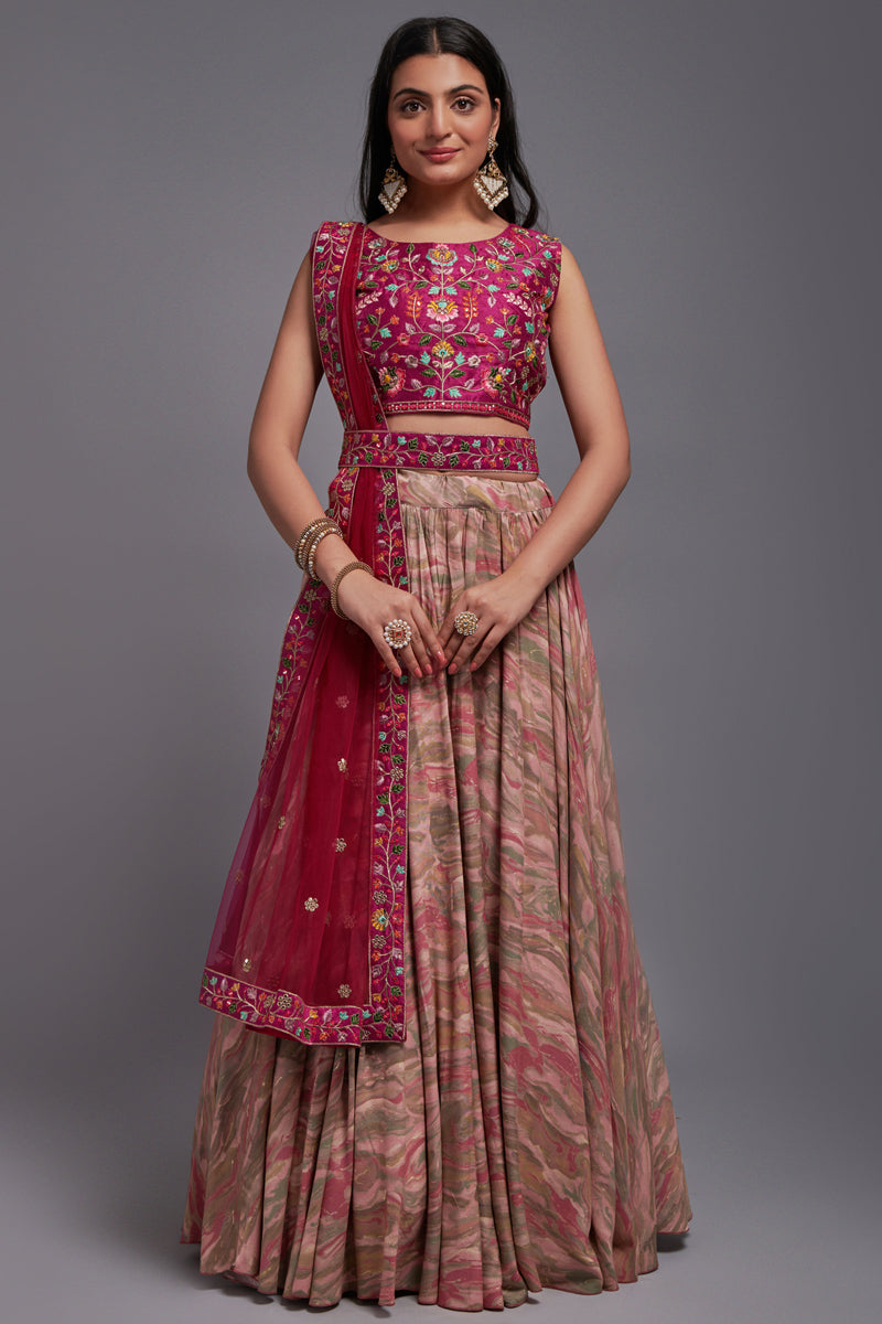 Pink Color Embroidered Work On Art Silk Fabric Beatific Wedding Wear Lehenga Choli