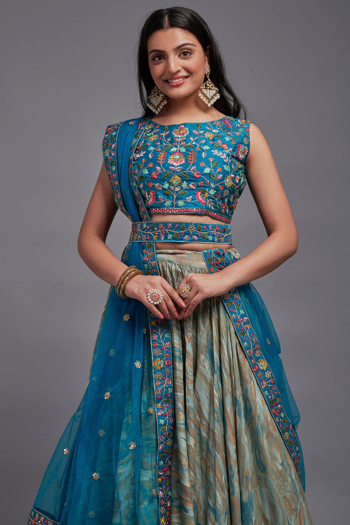 Embroidered Cyan Color Wedding Wear Fancy Lehenga Choli In Art Silk Fabric