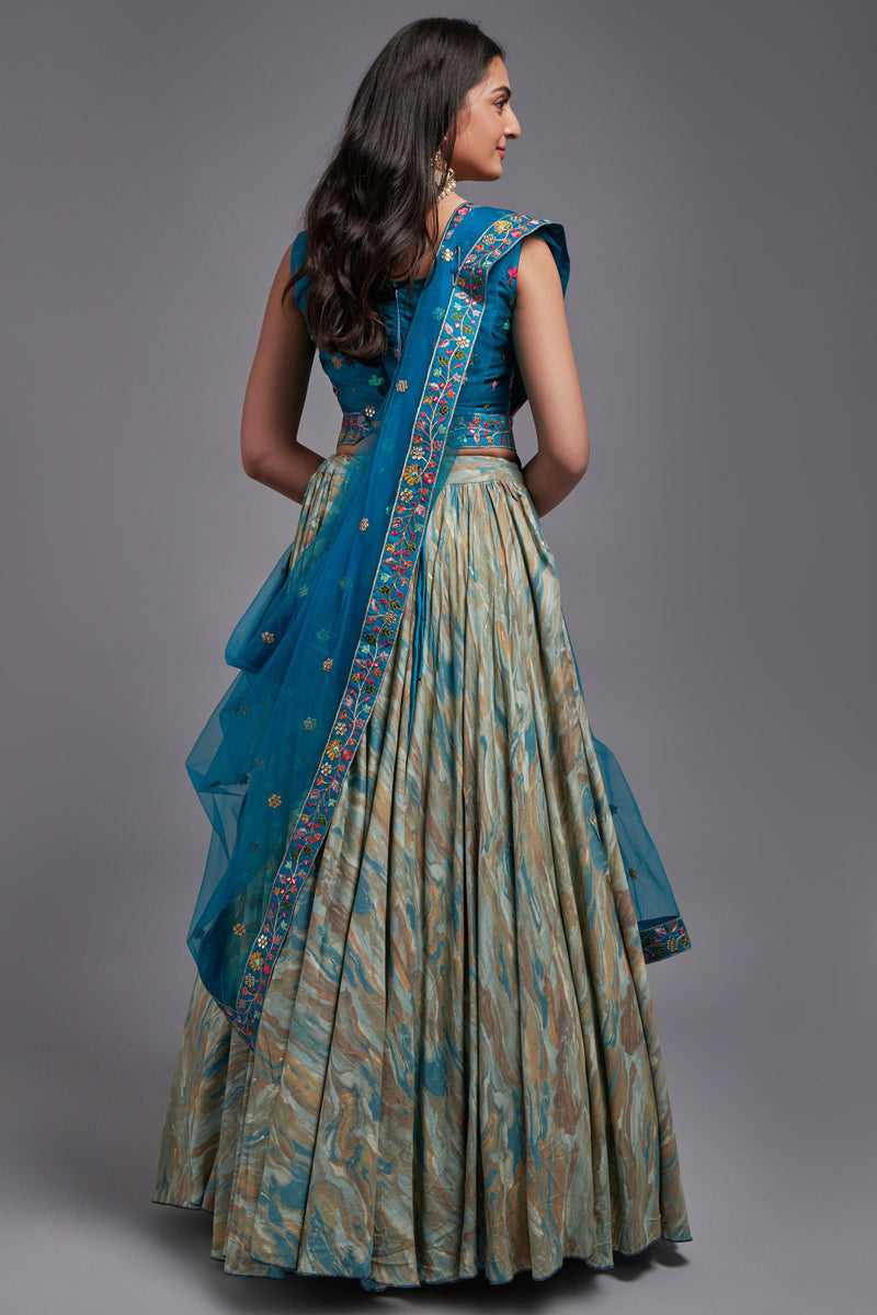 Embroidered Cyan Color Wedding Wear Fancy Lehenga Choli In Art Silk Fabric