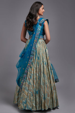 Embroidered Cyan Color Wedding Wear Fancy Lehenga Choli In Art Silk Fabric