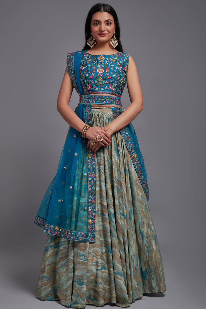 Embroidered Cyan Color Wedding Wear Fancy Lehenga Choli In Art Silk Fabric