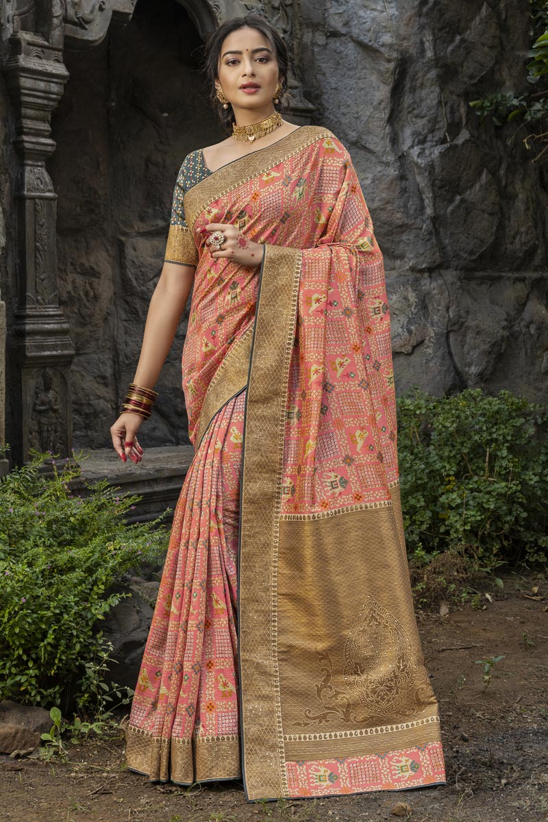 Function Wear Peach Color Art Silk Fabric Fancy Weaving Work Saree