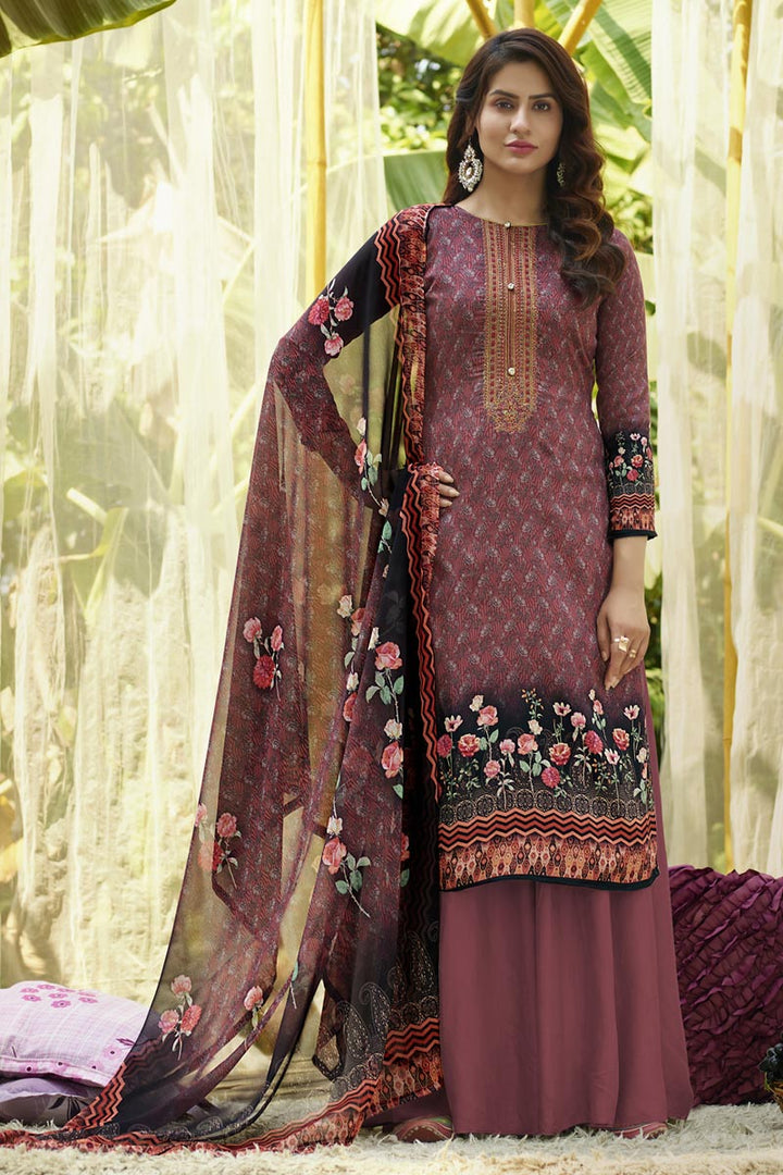 Wine Color Cotton Fabric Fancy Printed Casual Wear Palazzo Suit