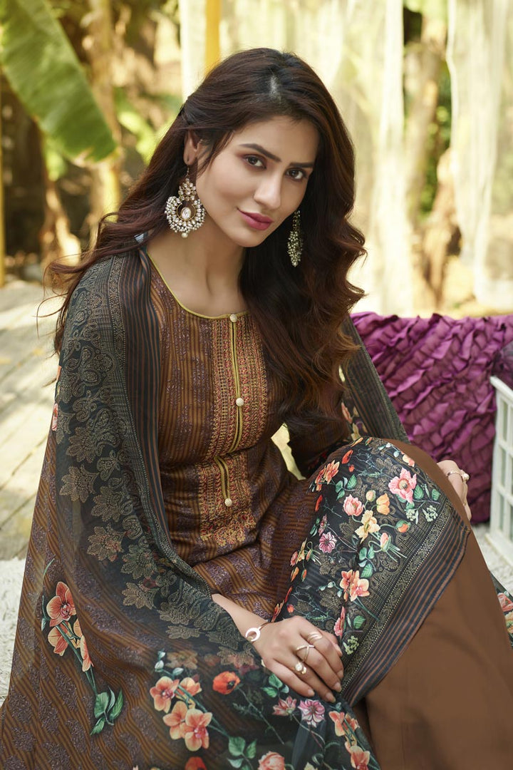 Cotton Fabric Printed Daily Wear Palazzo Salwar Suit In Brown Color