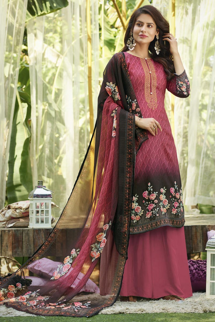 Peach Cotton Fabric Fancy Printed Casual Wear Palazzo Suit