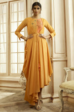 Load image into Gallery viewer, Designer Party Style Mustard Color Fancy Fabric Embroidered Readymade Gown