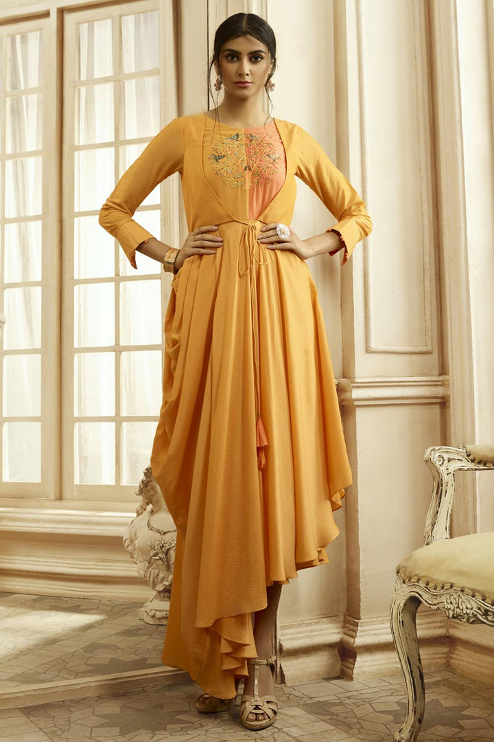 Designer Party Style Mustard Color Fancy Fabric Embroidered Readymade Gown