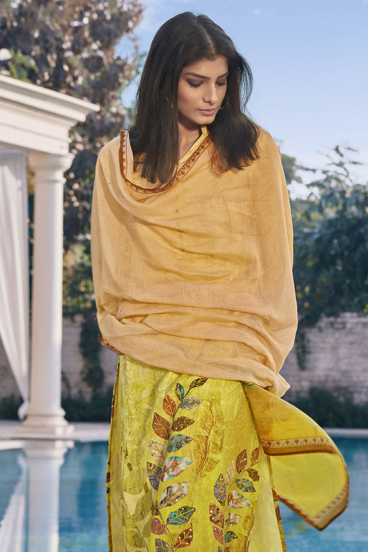 Yellow Color Casual Wear Fancy Printed Cotton Silk Fabric Palazzo Suit
