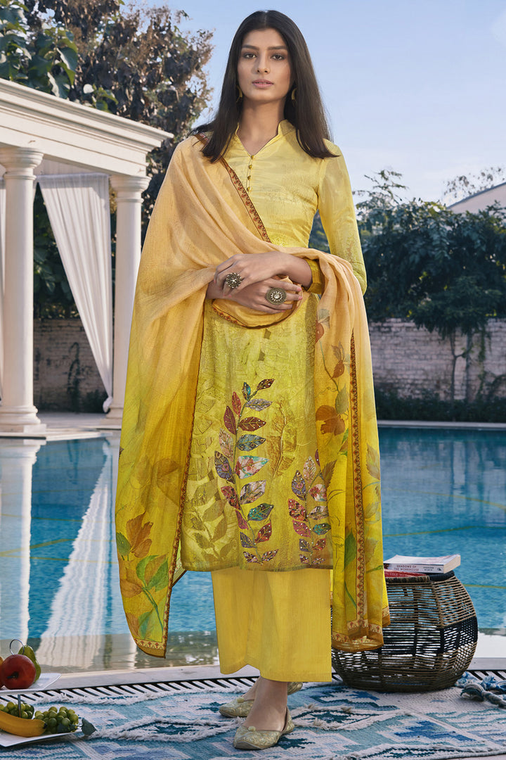Yellow Color Casual Wear Fancy Printed Cotton Silk Fabric Palazzo Suit