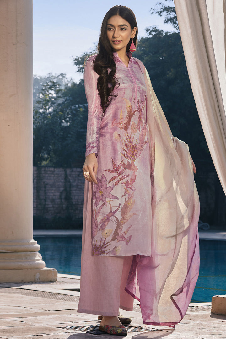 Cotton Silk Fabric Casual Wear Pink Color Fancy Printed Palazzo Suit