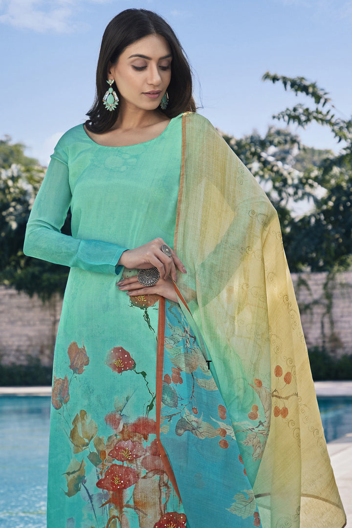 Sea Green Color Cotton Silk Fabric Simple Printed Daily Wear Palazzo Dress