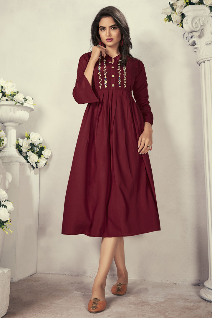 Fancy Maroon Color Festive Wear Thread Embroidered Kurti In Rayon Fabric