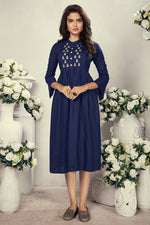 Load image into Gallery viewer, Festive Wear Fancy Navy Blue Color Thread Embroidered Kurti In Rayon Fabric