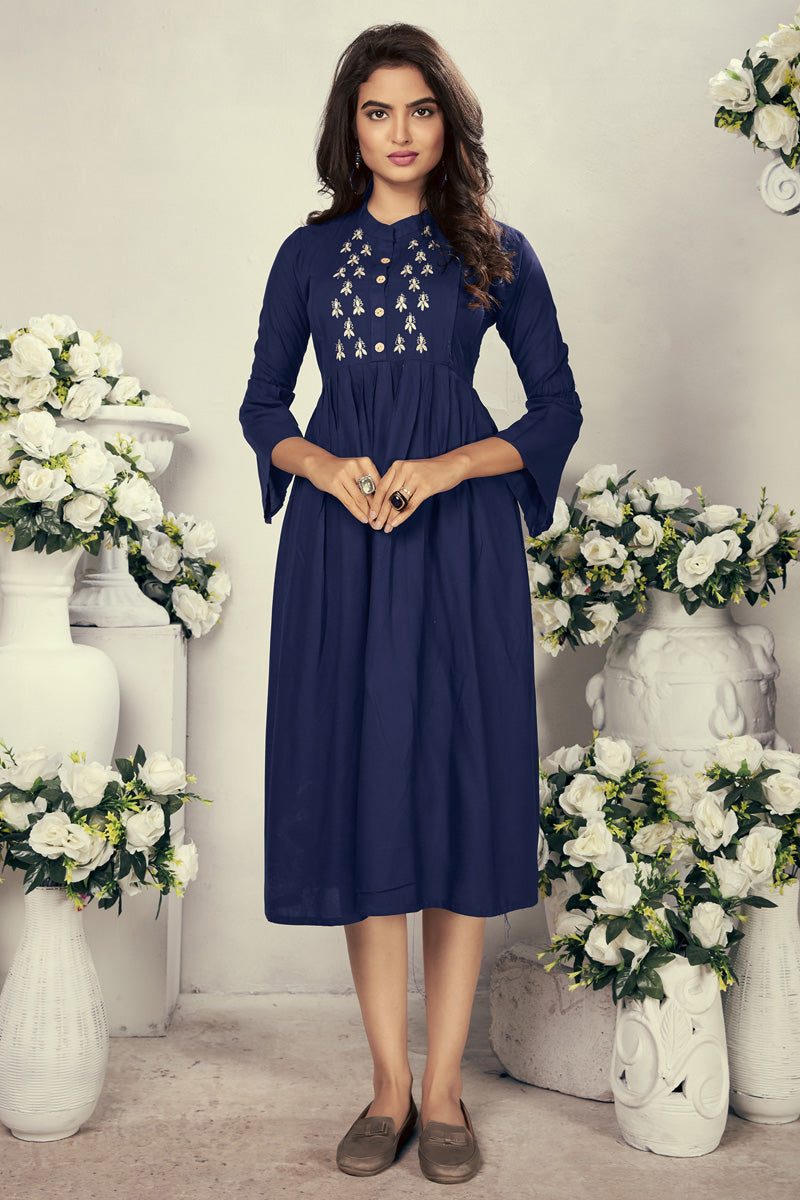 Festive Wear Fancy Navy Blue Color Thread Embroidered Kurti In Rayon Fabric