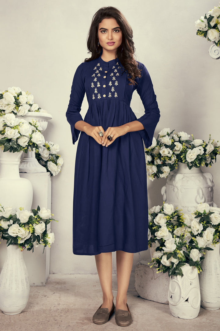 Festive Wear Fancy Navy Blue Color Thread Embroidered Kurti In Rayon Fabric