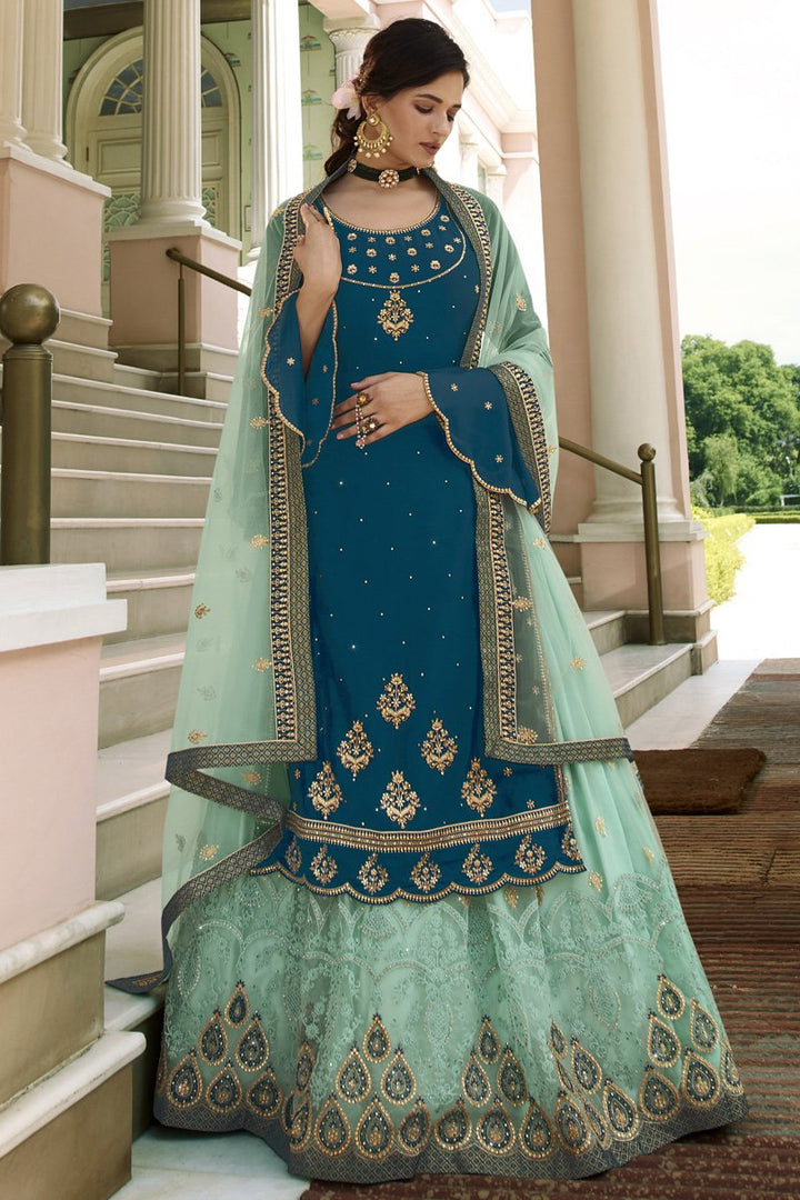Georgette Fabric Function Wear Embroidered Teal Color Sharara Top Lehenga