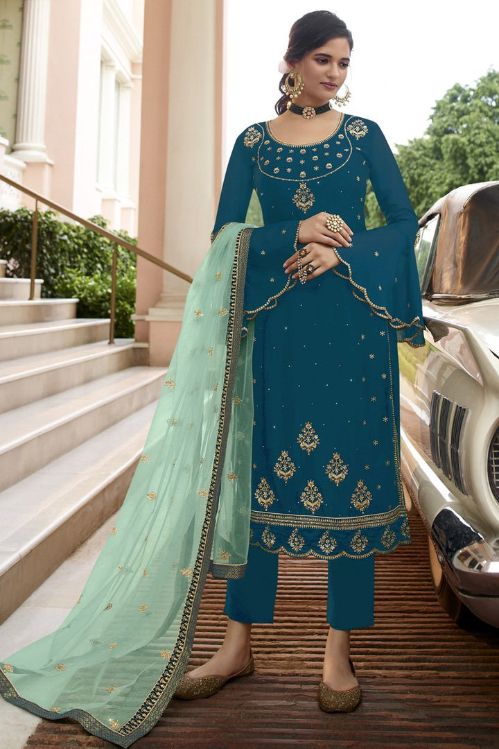 Party Wear Teal Color Trendy Embroidered Straight Cut Suit In Georgette Fabric