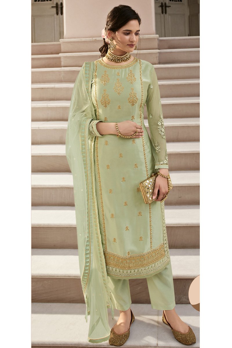 Sea Green Color Party Wear Trendy Embroidered Satin Georgette Fabric Straight Cut Dress
