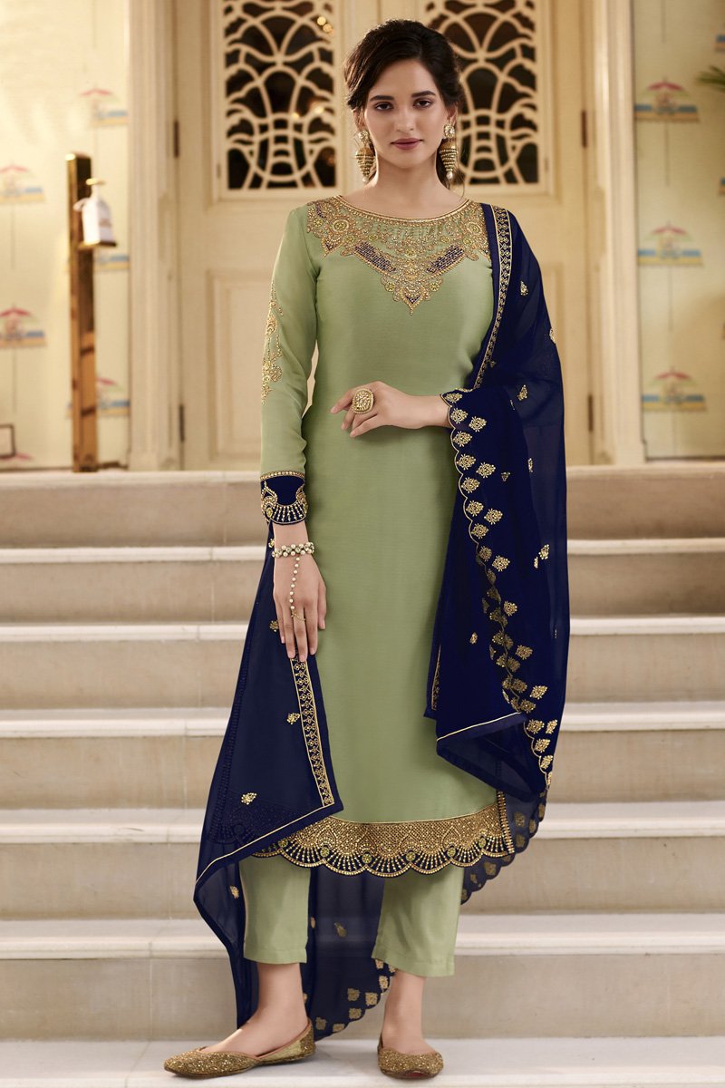 Party Wear Sea Green Color Georgette Fabric Trendy Embroidered Straight Cut Dress